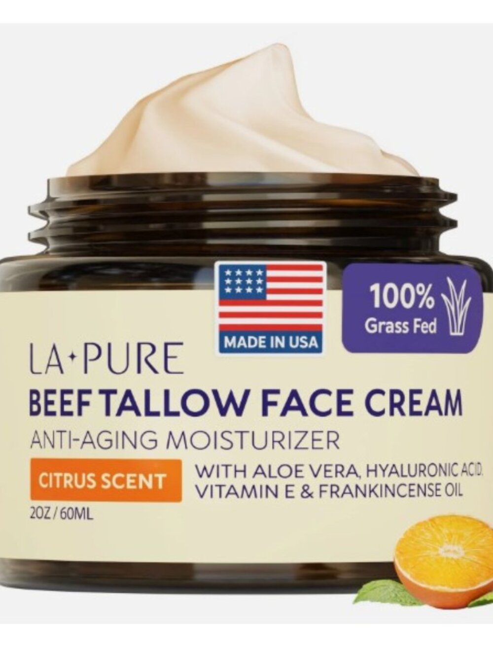 Beef Tallow Face Cream 4oz Grass-Fed with Aloe Vera & Hyaluronic Acid - Deep